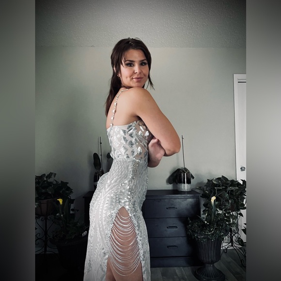 Prom Girl | Silver Rhinestone Embellished High Leg Slit Prom Dress Evening Gown - Picture 9 of 16